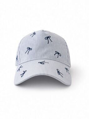Juicy Couture Blue Seersucker Striped Bow Embroidered Cap Blue White One Size